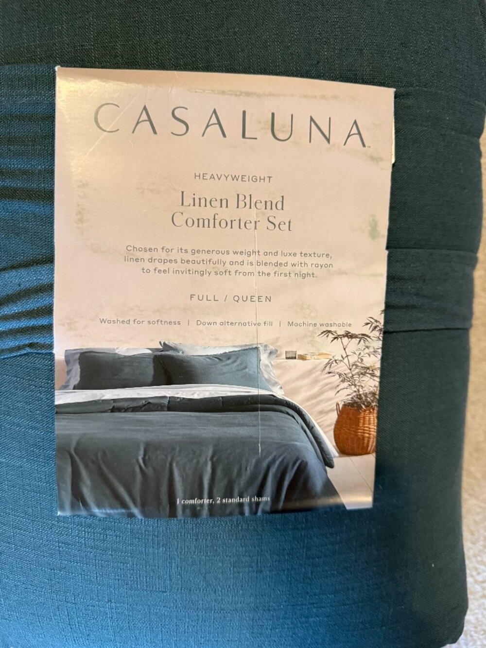 New Full/Queen Casaluna Linen Blend Comforter & Sham Set Dark Teal Blue